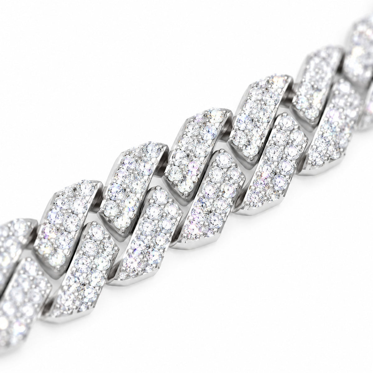 Close-up of moissanite-set links on the 10mm Cuban bracelet