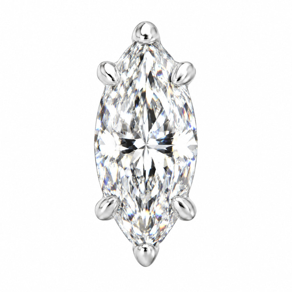 Close-up of a marquise-cut moissanite stone in a prong setting