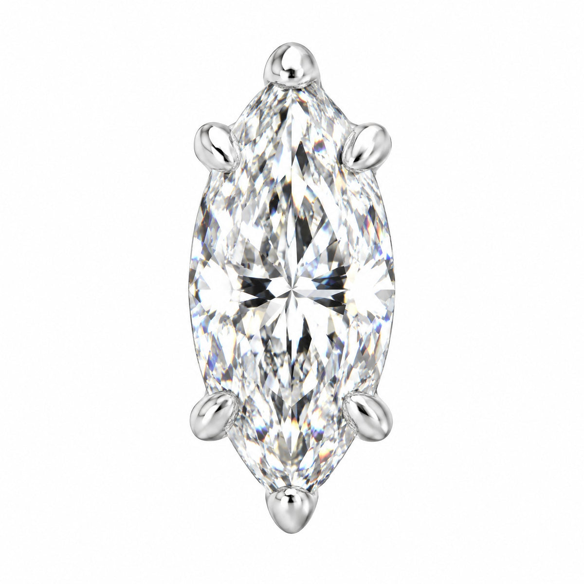 Close-up of a marquise-cut moissanite stone in a prong setting