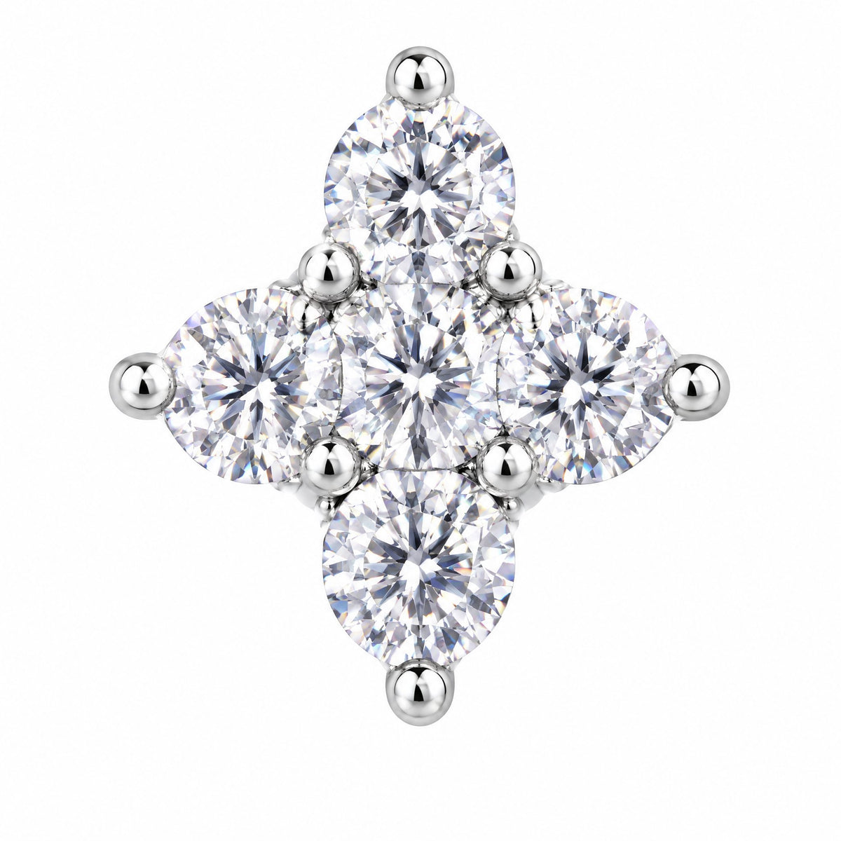 Close-up of round moissanite stones set in a kite shape