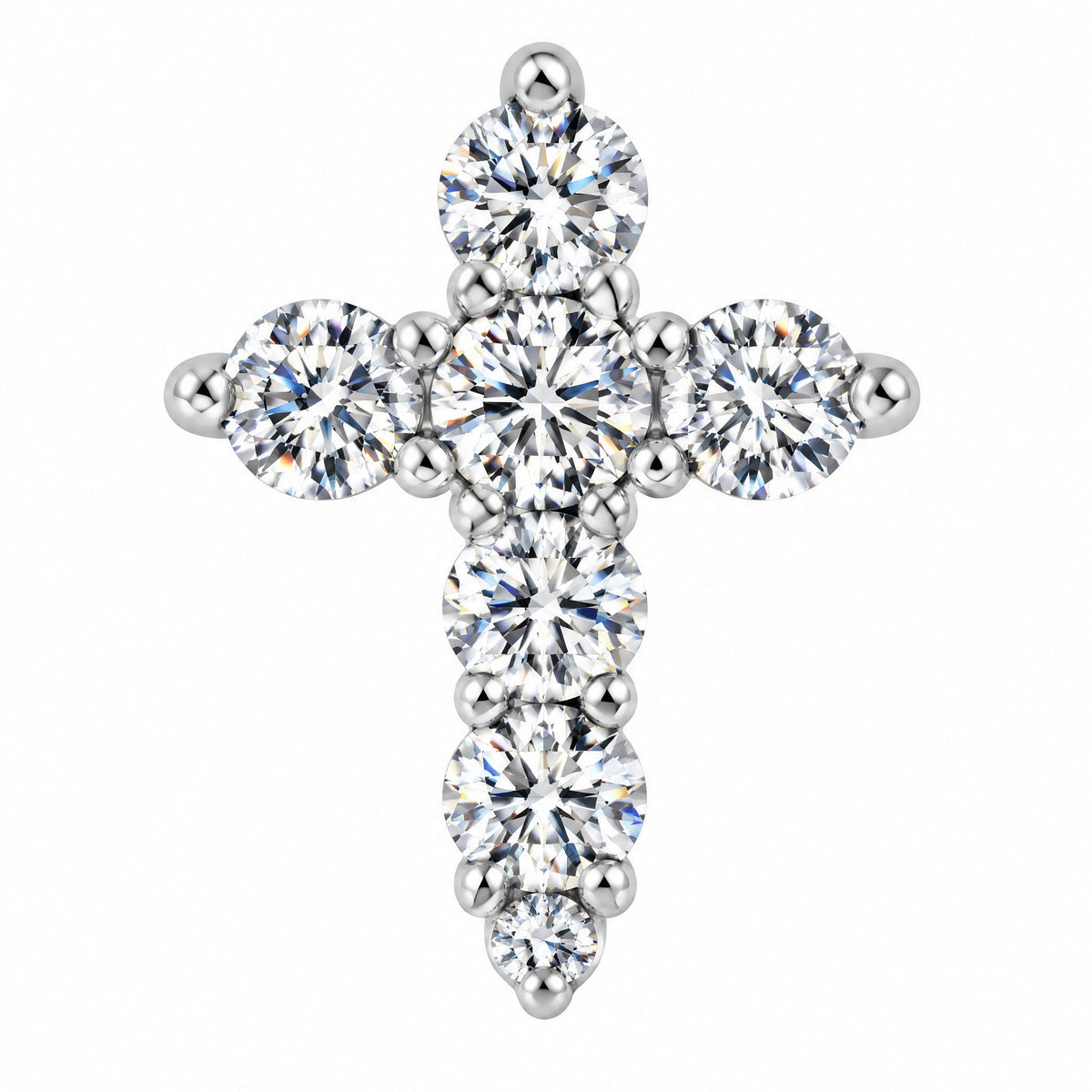 Close-up of round moissanite stones set along each arm of the cross