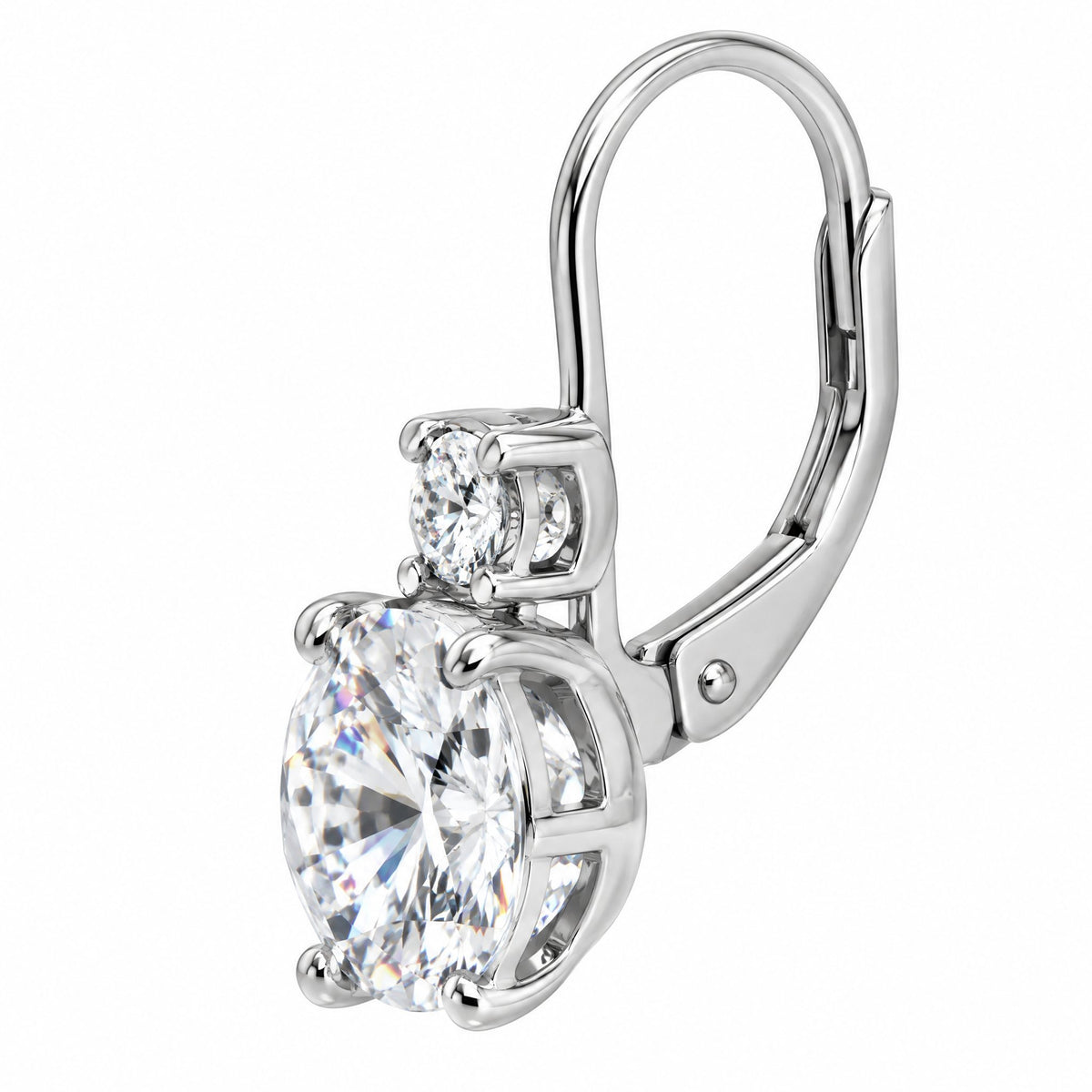 Round moissanite drop earring with a leverback, side angle
