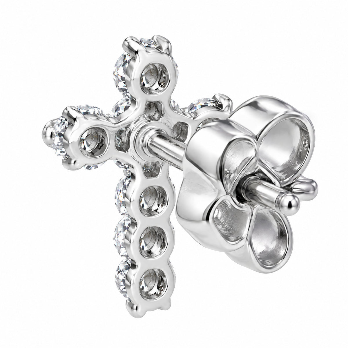 Back of a cross stud showing the post and butterfly back