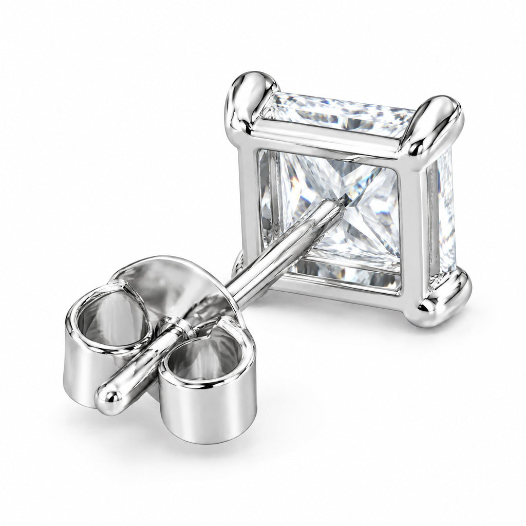Back of a princess-cut stud showing the post and butterfly back