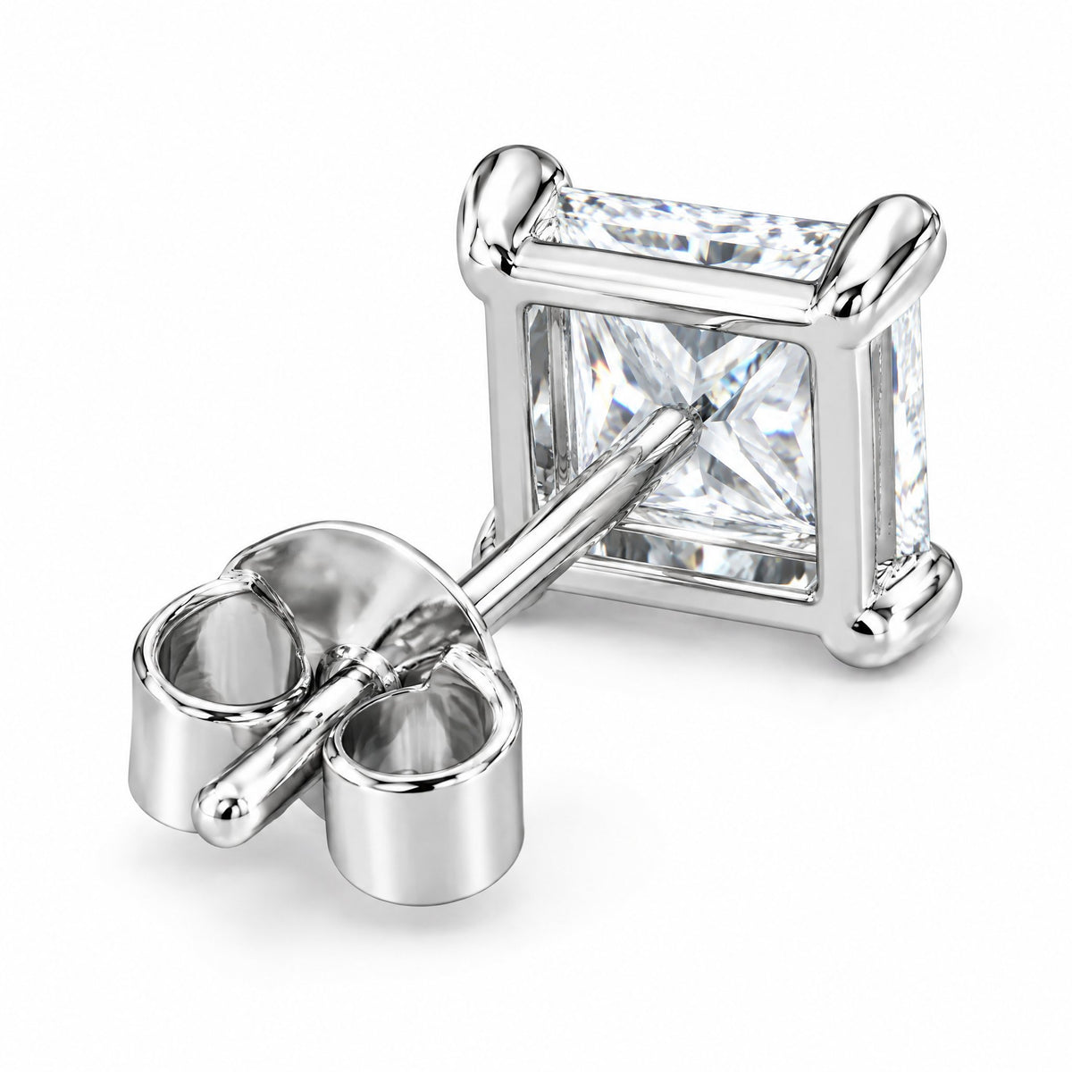 Back of a princess-cut stud showing the post and butterfly back