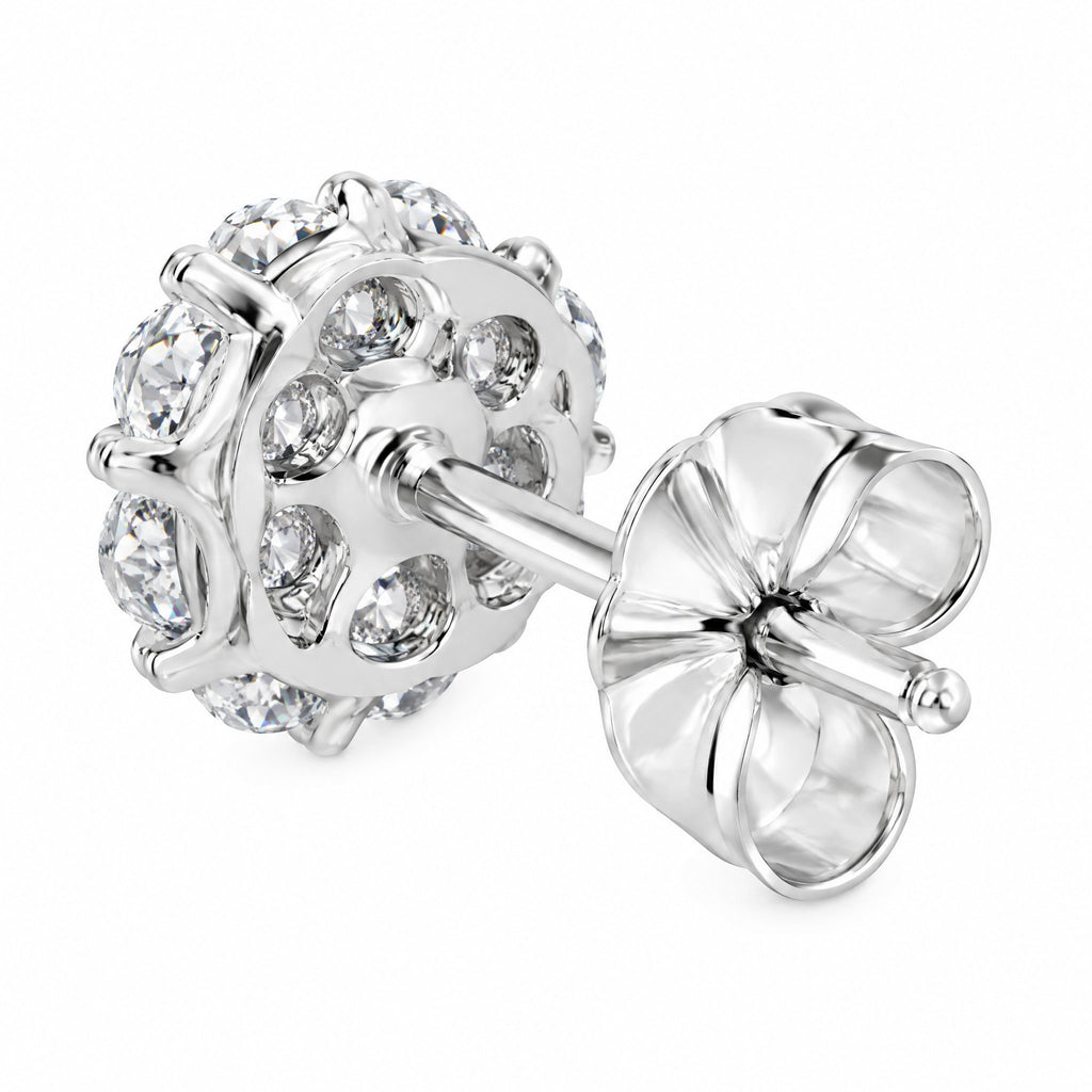 Back of a round cluster stud showing the setting and butterfly back