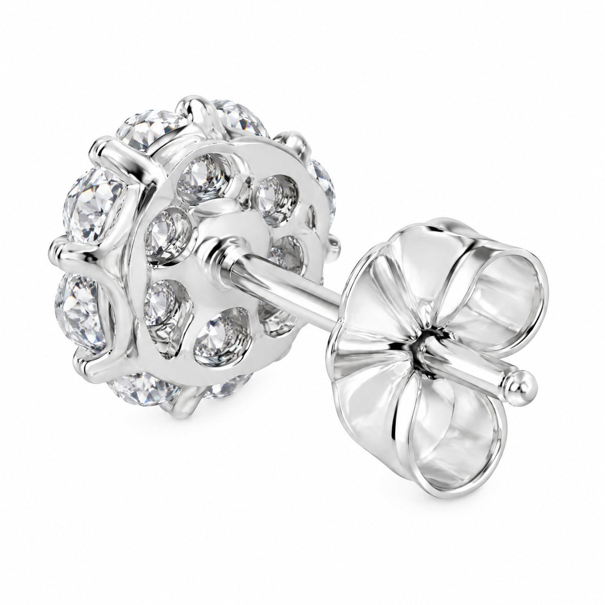 Back of a round cluster stud showing the setting and butterfly back
