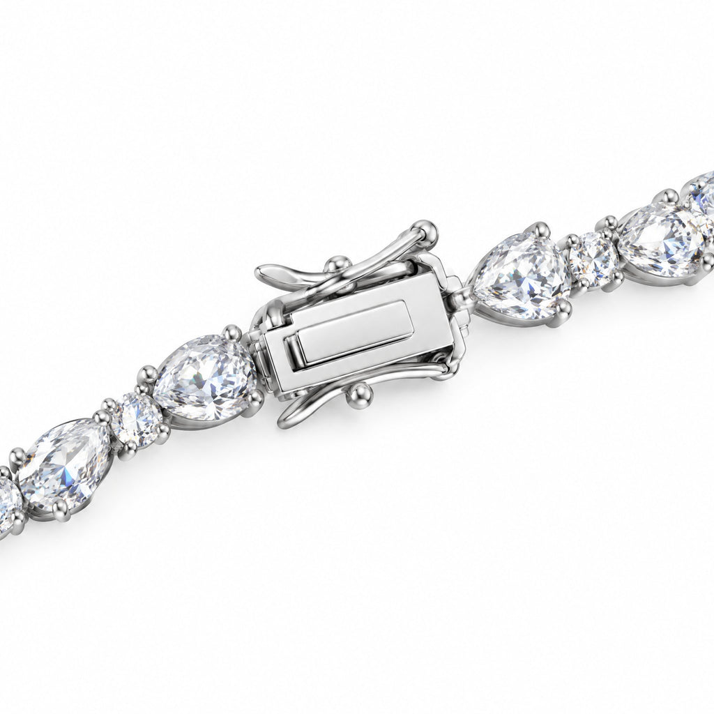 Close-up of the box clasp on the pear-cut tennis bracelet