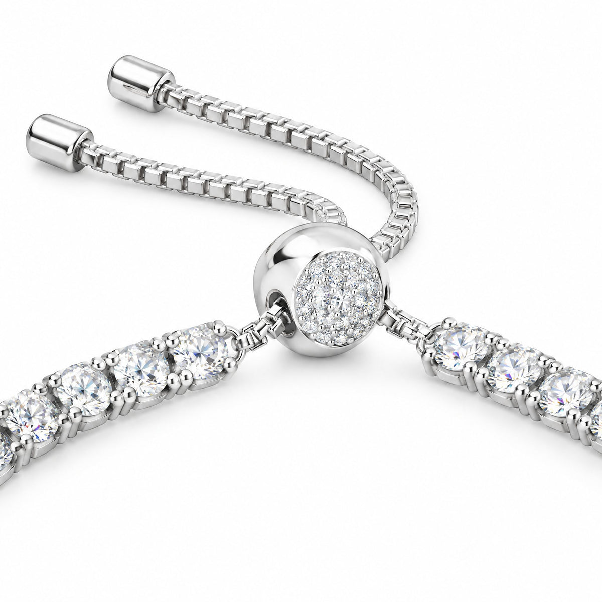 Close-up of the stone-set slider and box chain ends