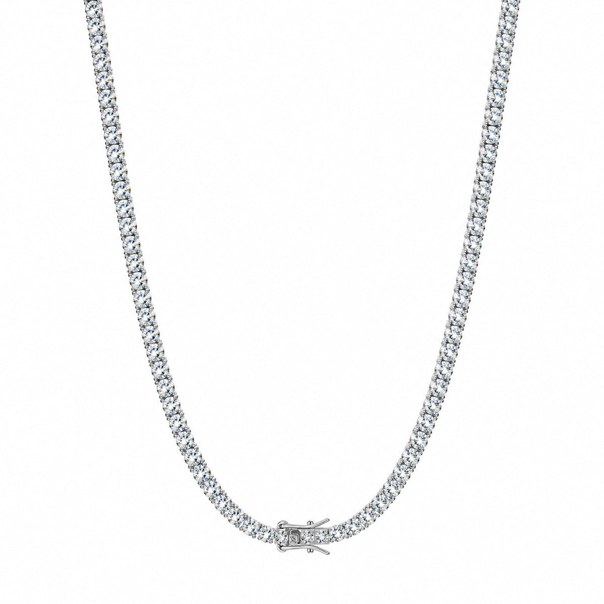3mm moissanite tennis chain hanging in a U shape