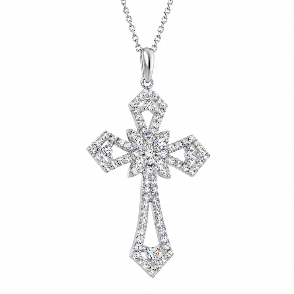 Statement cross pendant hanging from its bail and chain