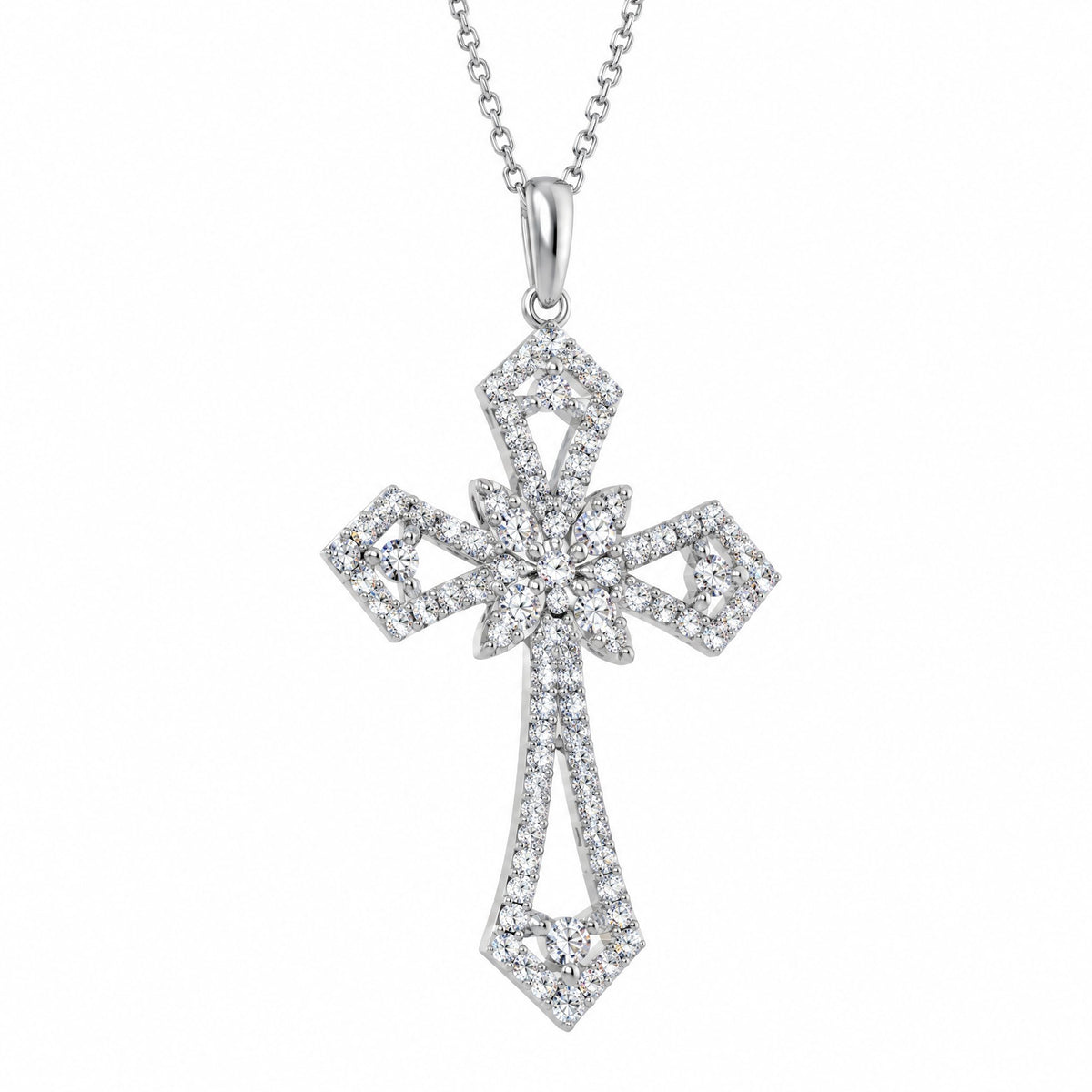 Statement cross pendant hanging from its bail and chain