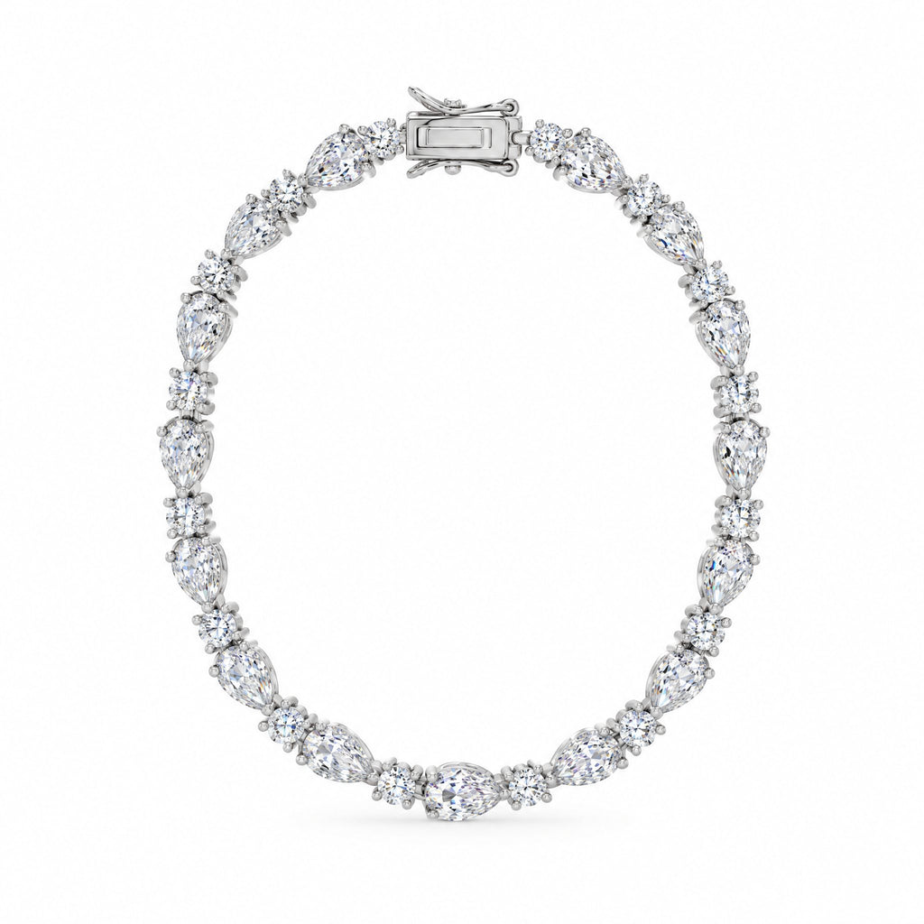 Pear-cut tennis bracelet standing upright as an oval