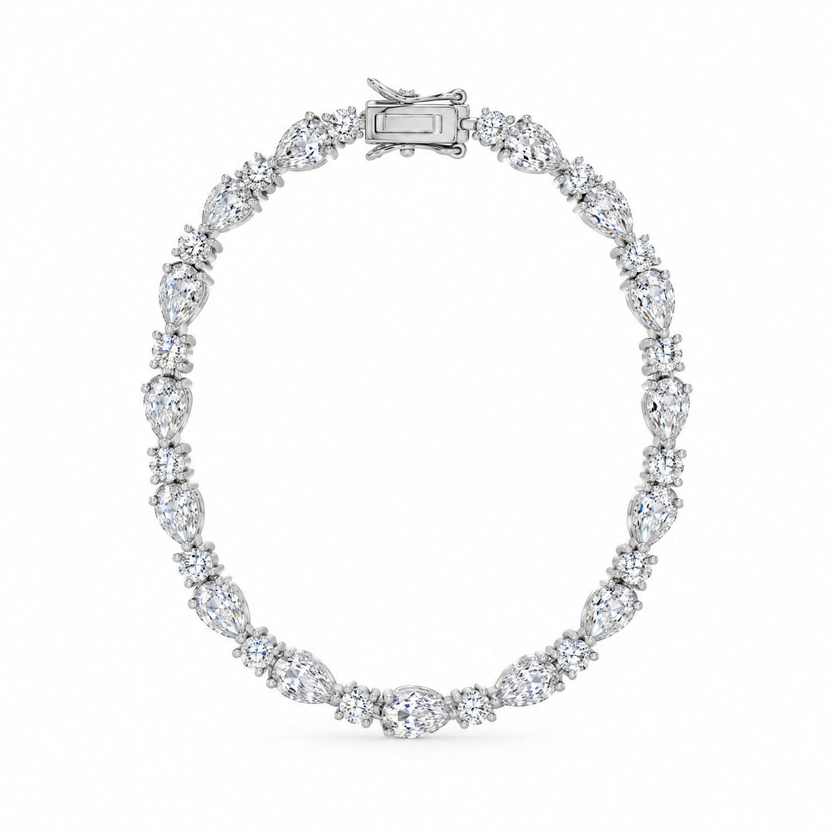 Pear-cut tennis bracelet standing upright as an oval