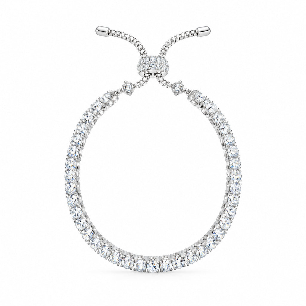 Adjustable tennis bracelet hanging open from its slider