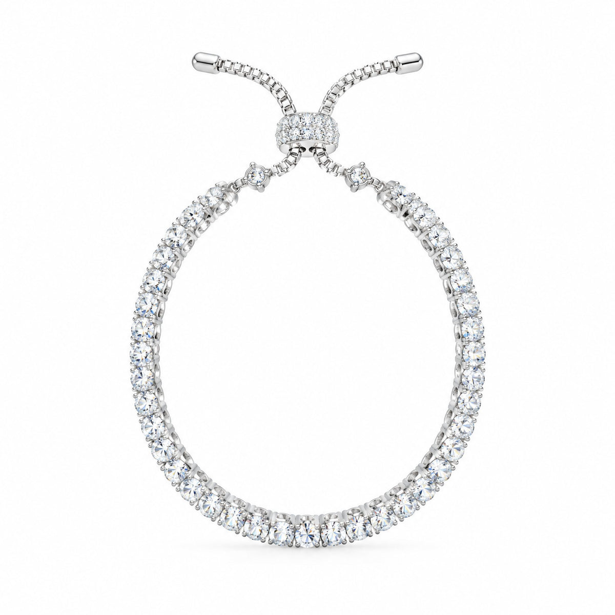 Adjustable tennis bracelet hanging open from its slider