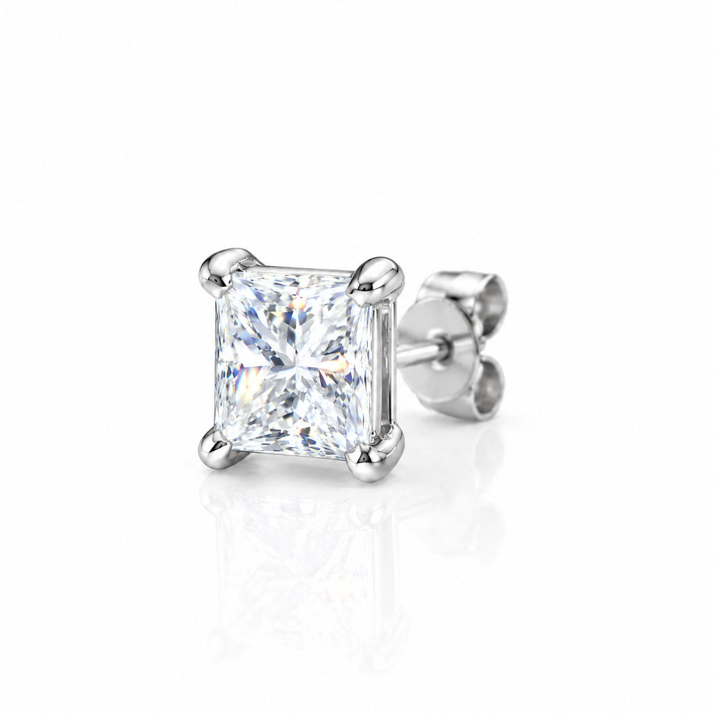 Single princess-cut moissanite stud at an angle