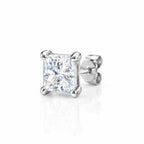 Single princess-cut moissanite stud at an angle