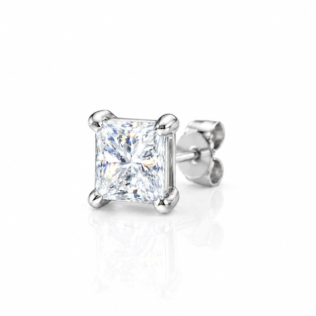 Single princess-cut moissanite stud at an angle