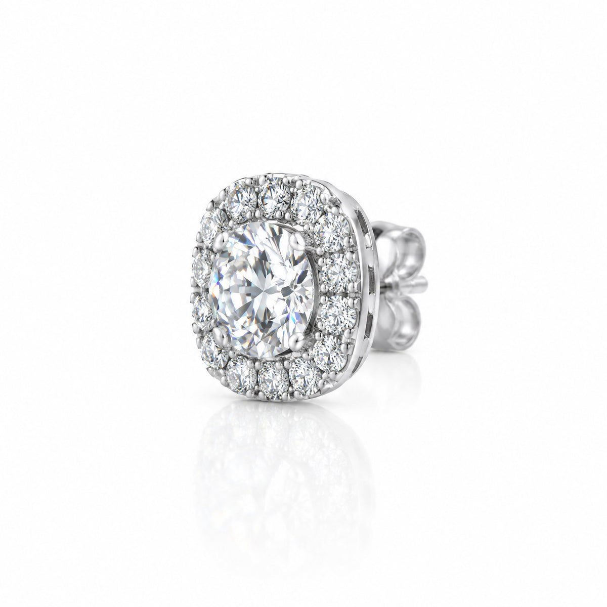 Single halo stud earring at an angle