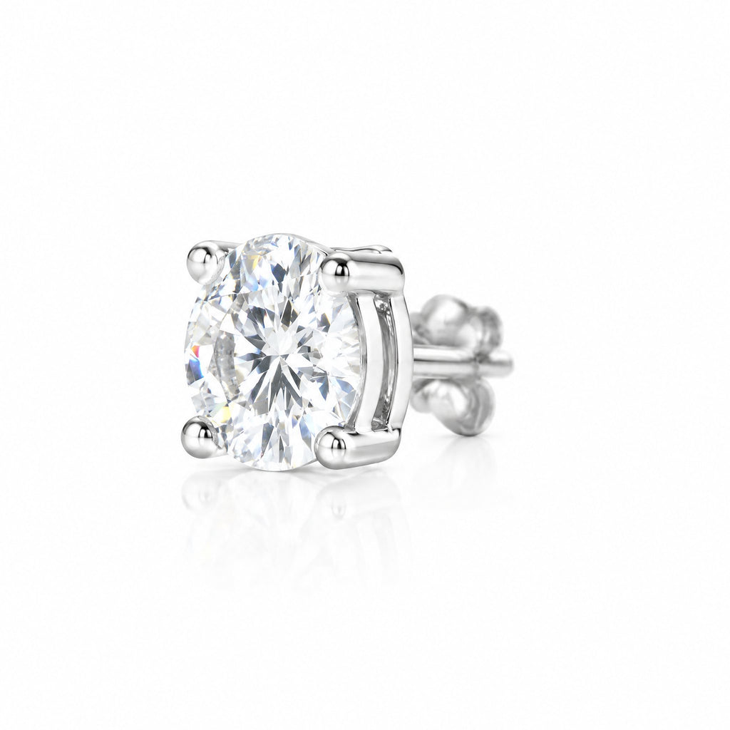 Single round moissanite stud earring at an angle