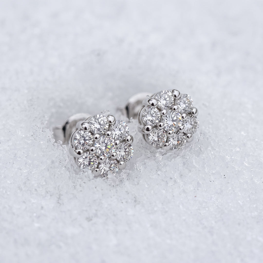 Pair of round cluster studs on snow