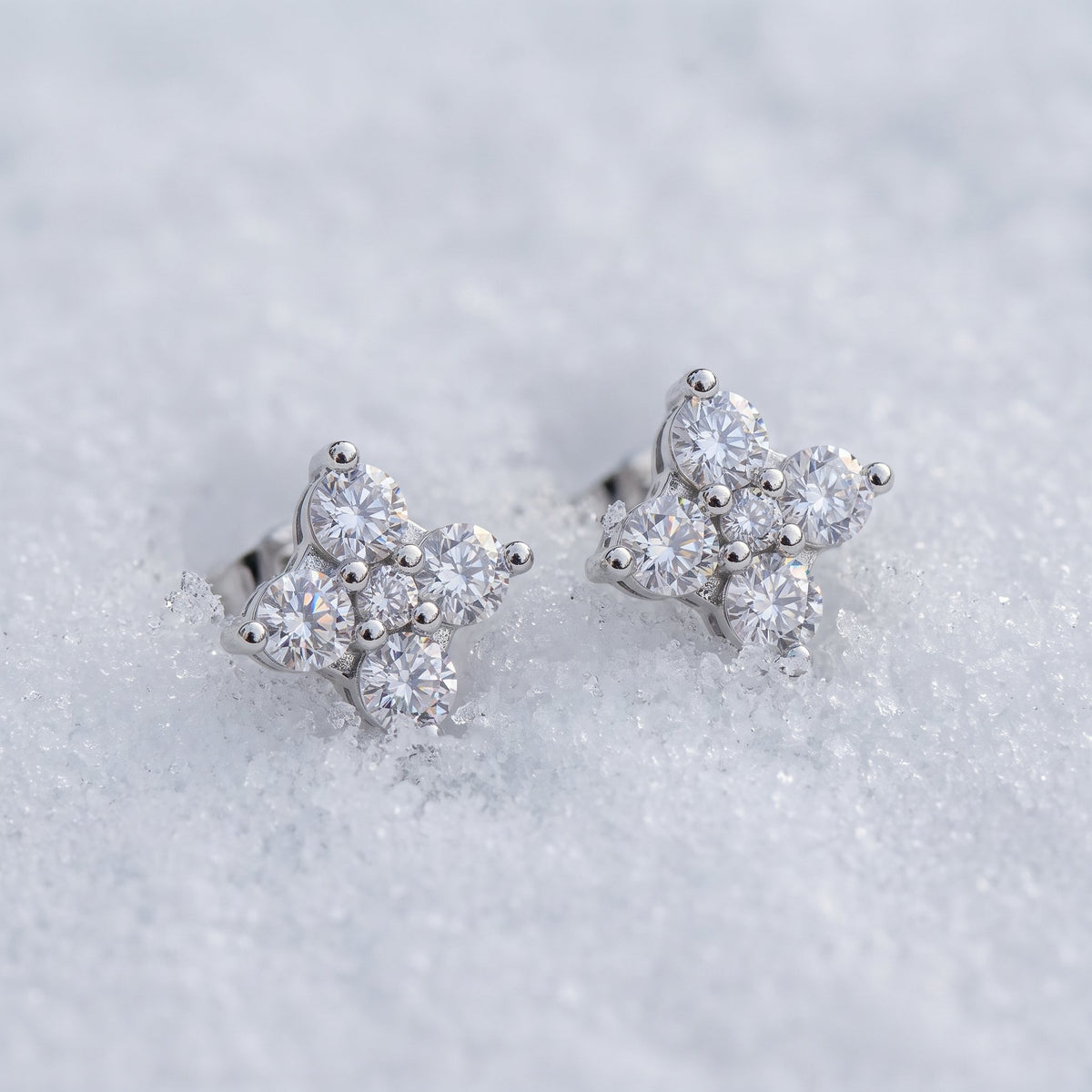 Pair of cluster stud earrings on snow