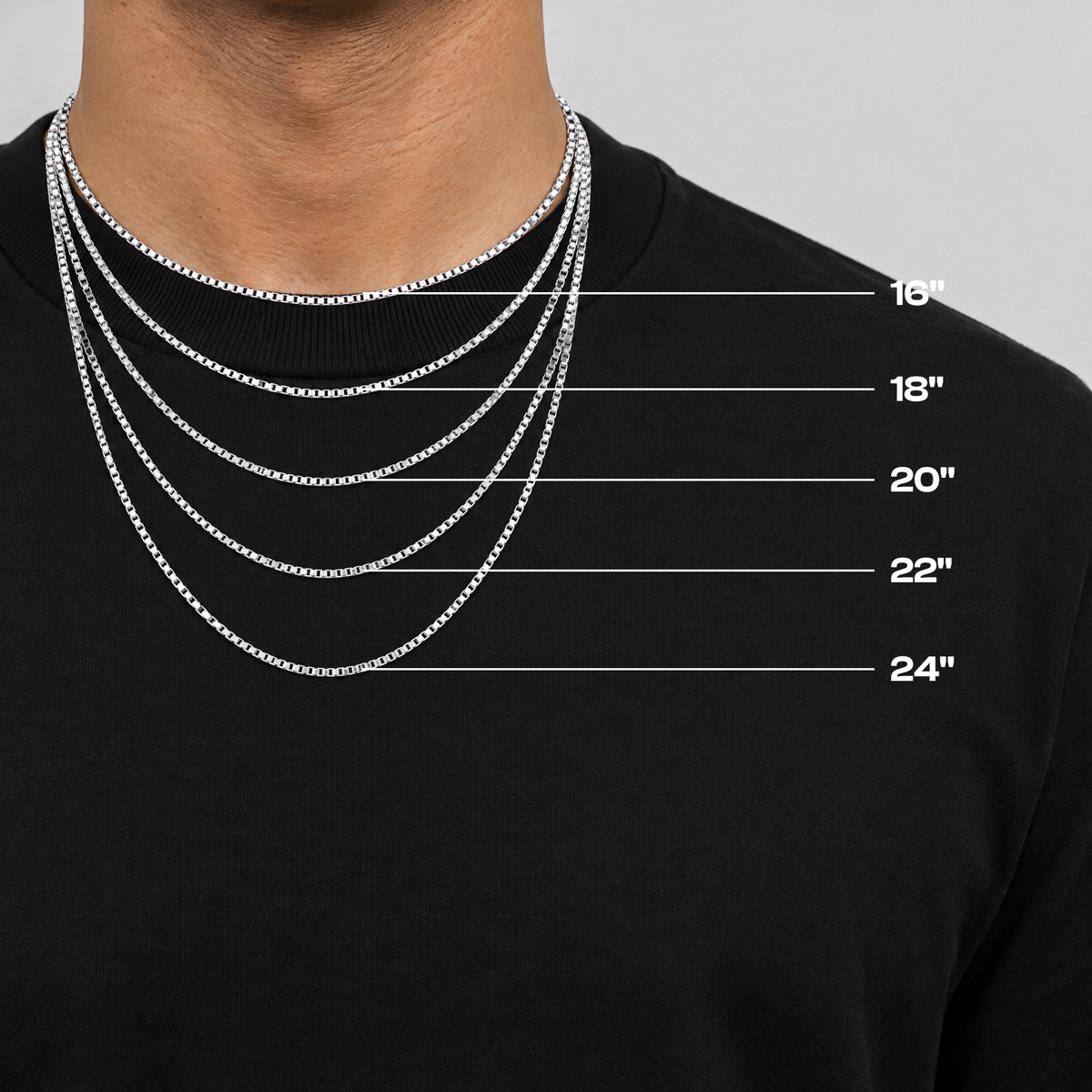 Chain length guide on a model showing 16 to 24 inch lengths