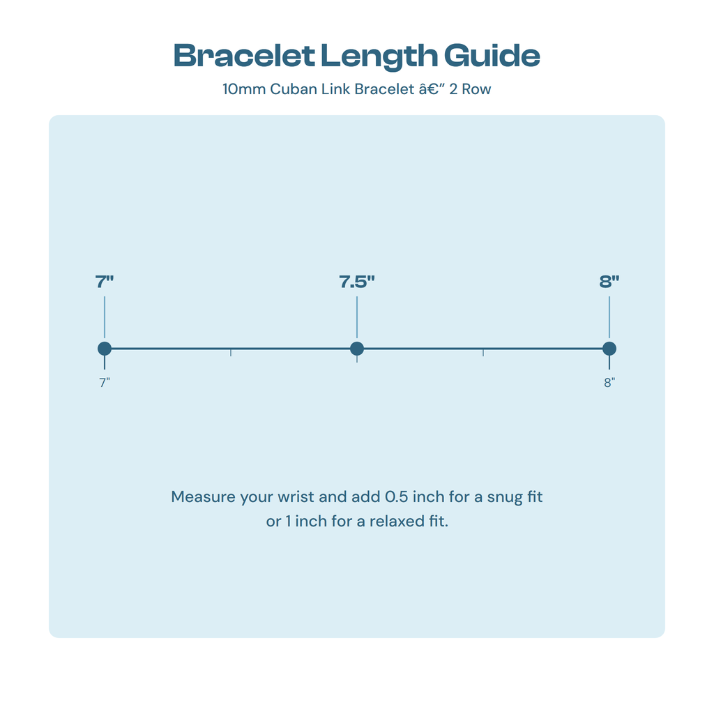 Bracelet length guide showing 7, 7.5 and 8 inch sizes for the 10mm Cuban bracelet