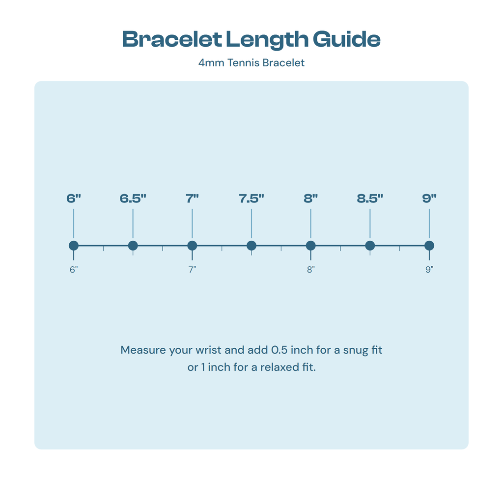 Bracelet length guide showing 6 to 9 inch sizes for the 4mm tennis bracelet