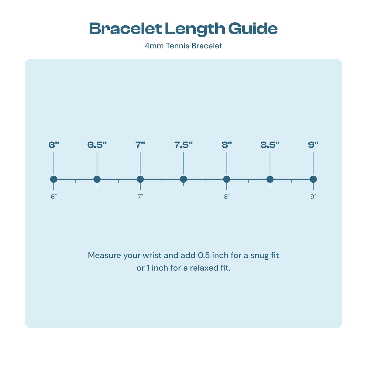 Bracelet length guide showing 6 to 9 inch sizes for the 4mm tennis bracelet