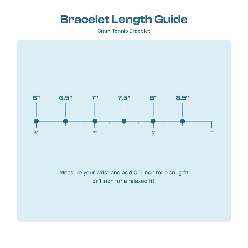 Bracelet length guide showing 6 to 8.5 inch sizes for the 3mm tennis bracelet