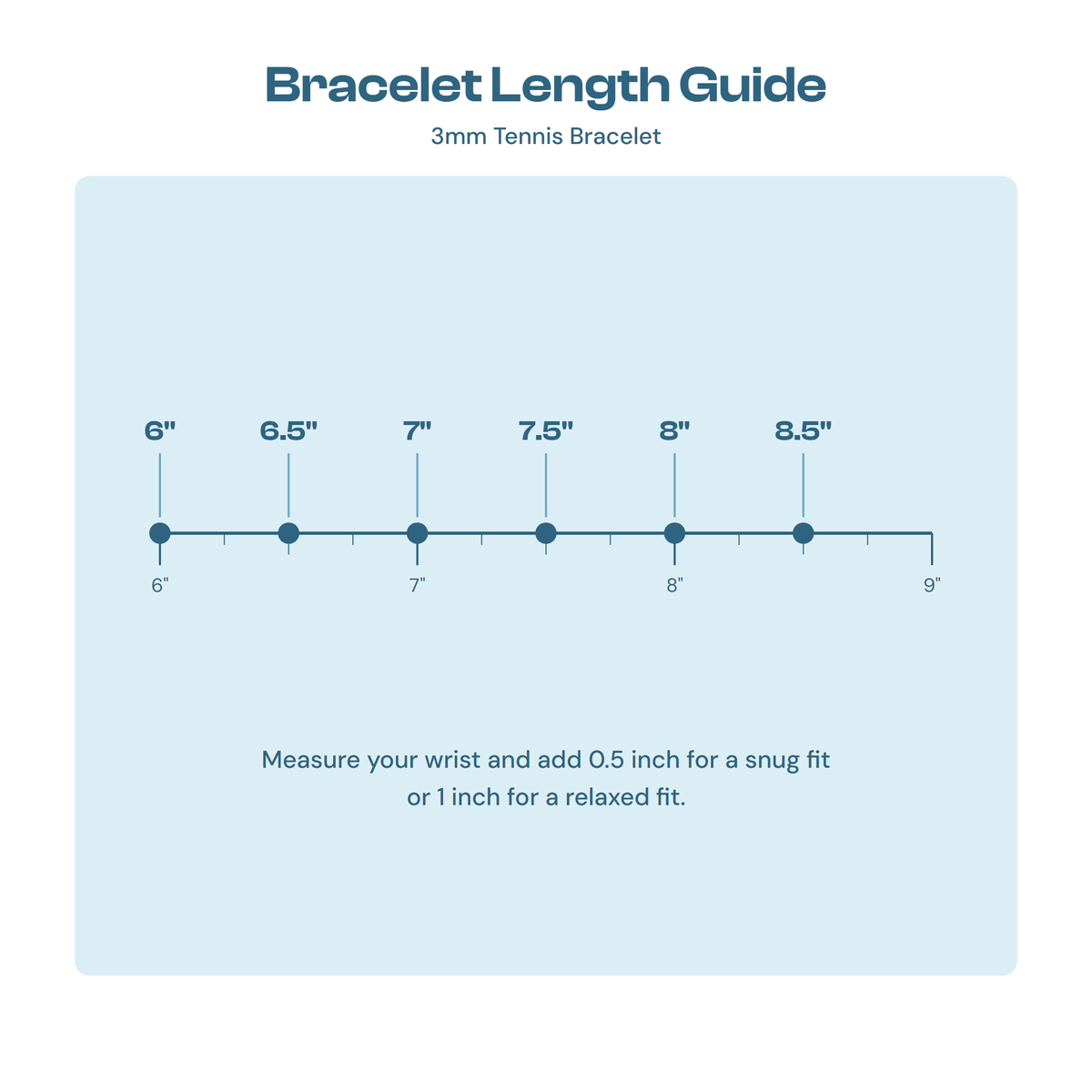 Bracelet length guide showing 6 to 8.5 inch sizes for the 3mm tennis bracelet