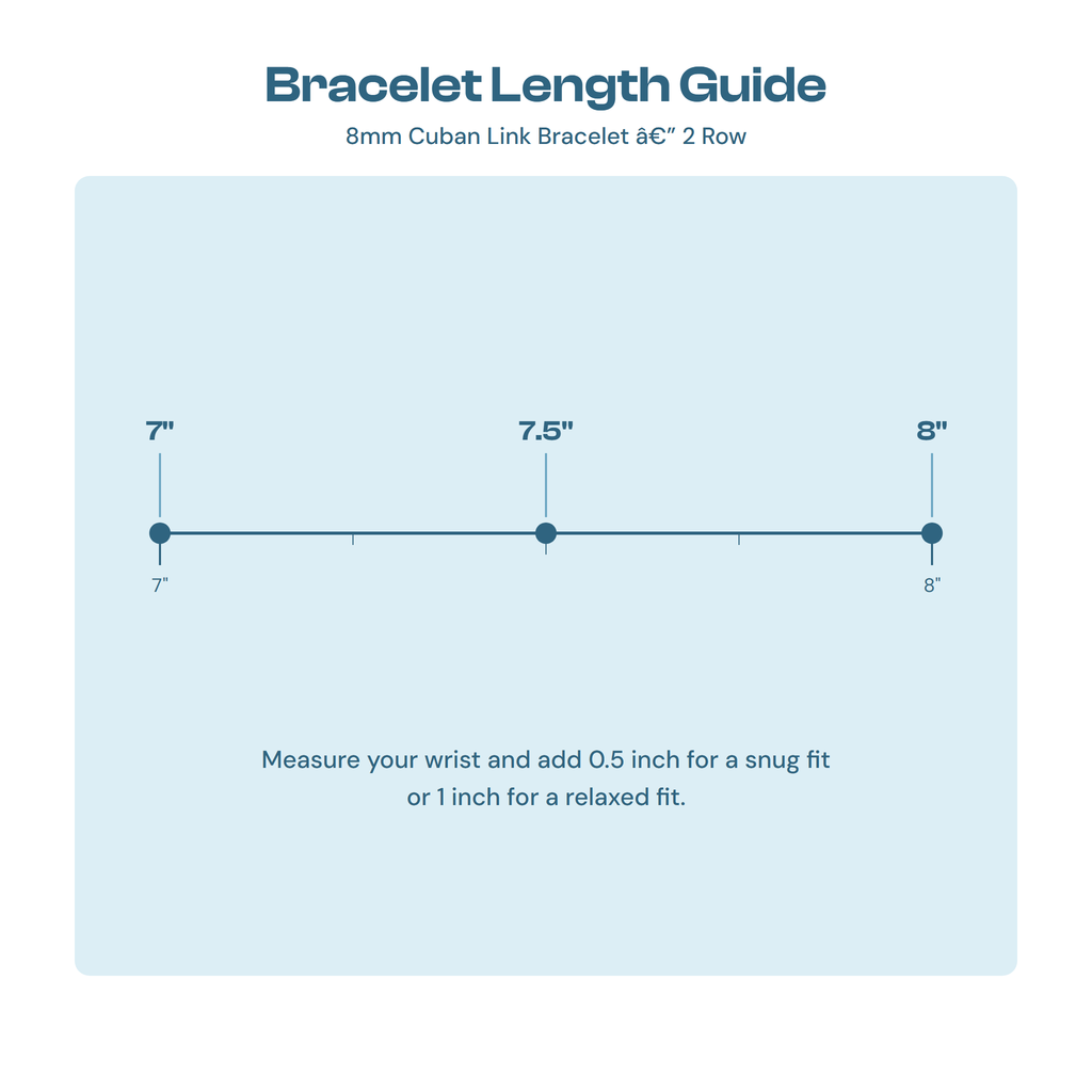 Bracelet length guide showing 7, 7.5 and 8 inch sizes for the 8mm Cuban bracelet