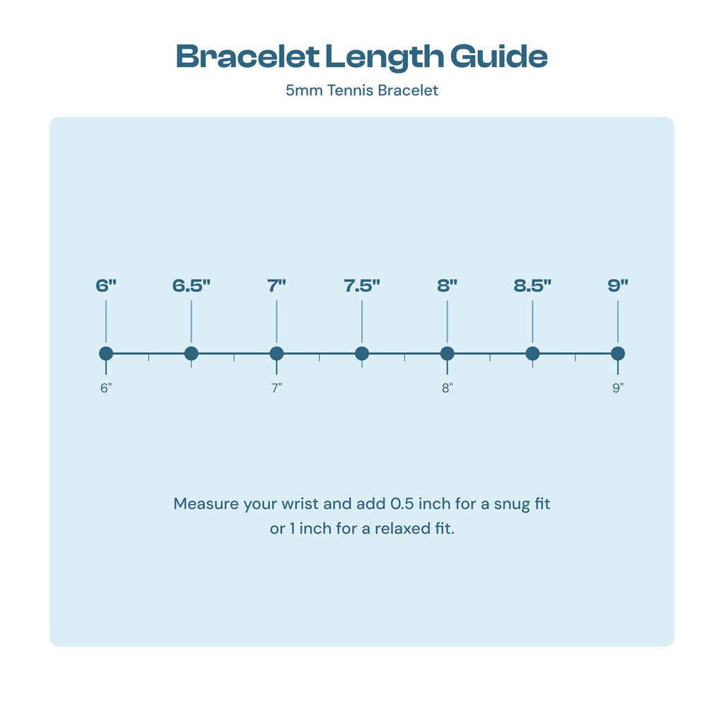 Bracelet length guide showing 6 to 9 inch sizes for the 5mm tennis bracelet