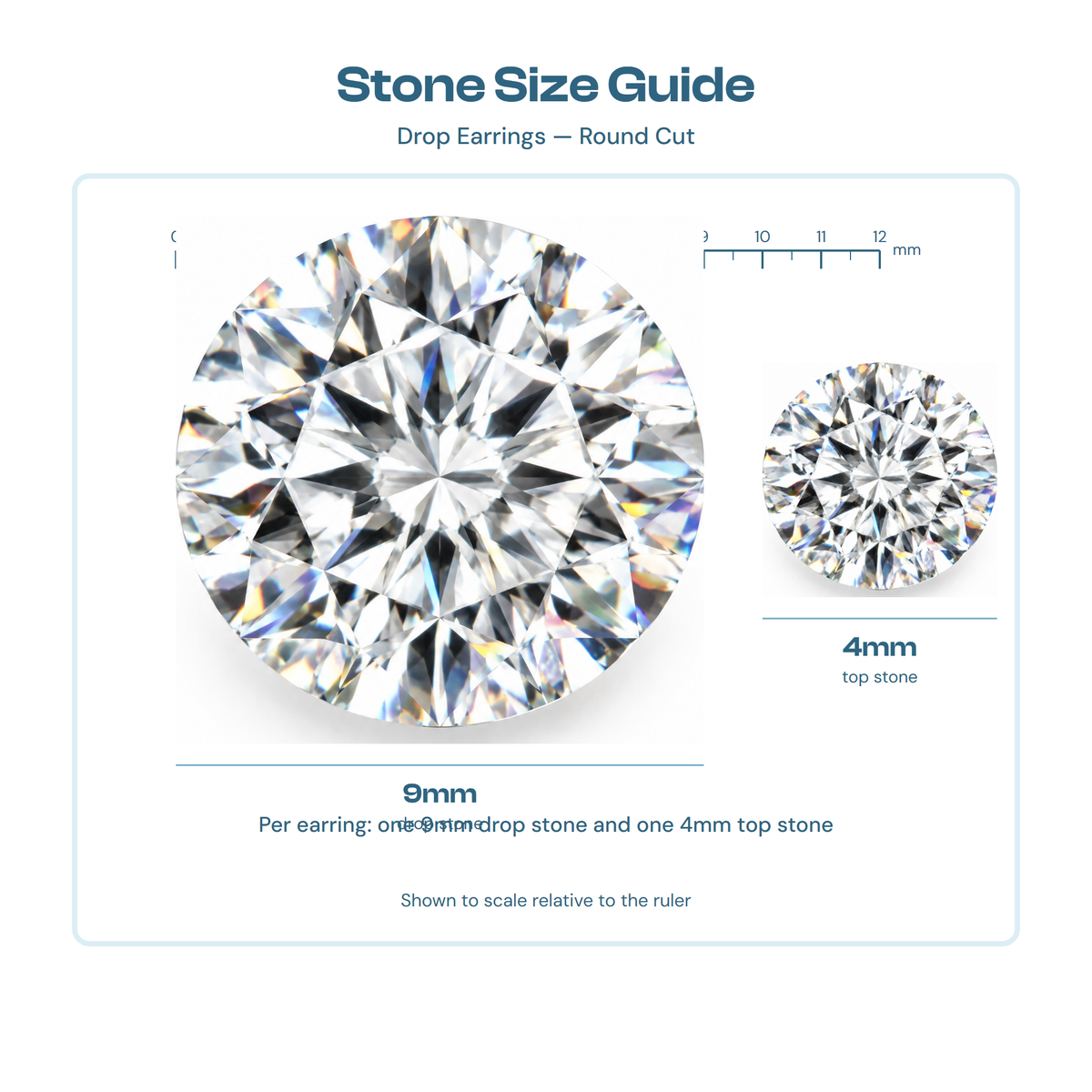 Stone size guide showing a 9mm drop stone and a 4mm top stone