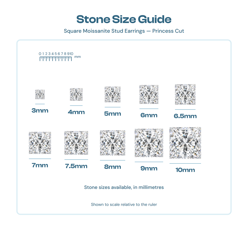 Stone size guide for princess-cut studs from 3mm to 10mm