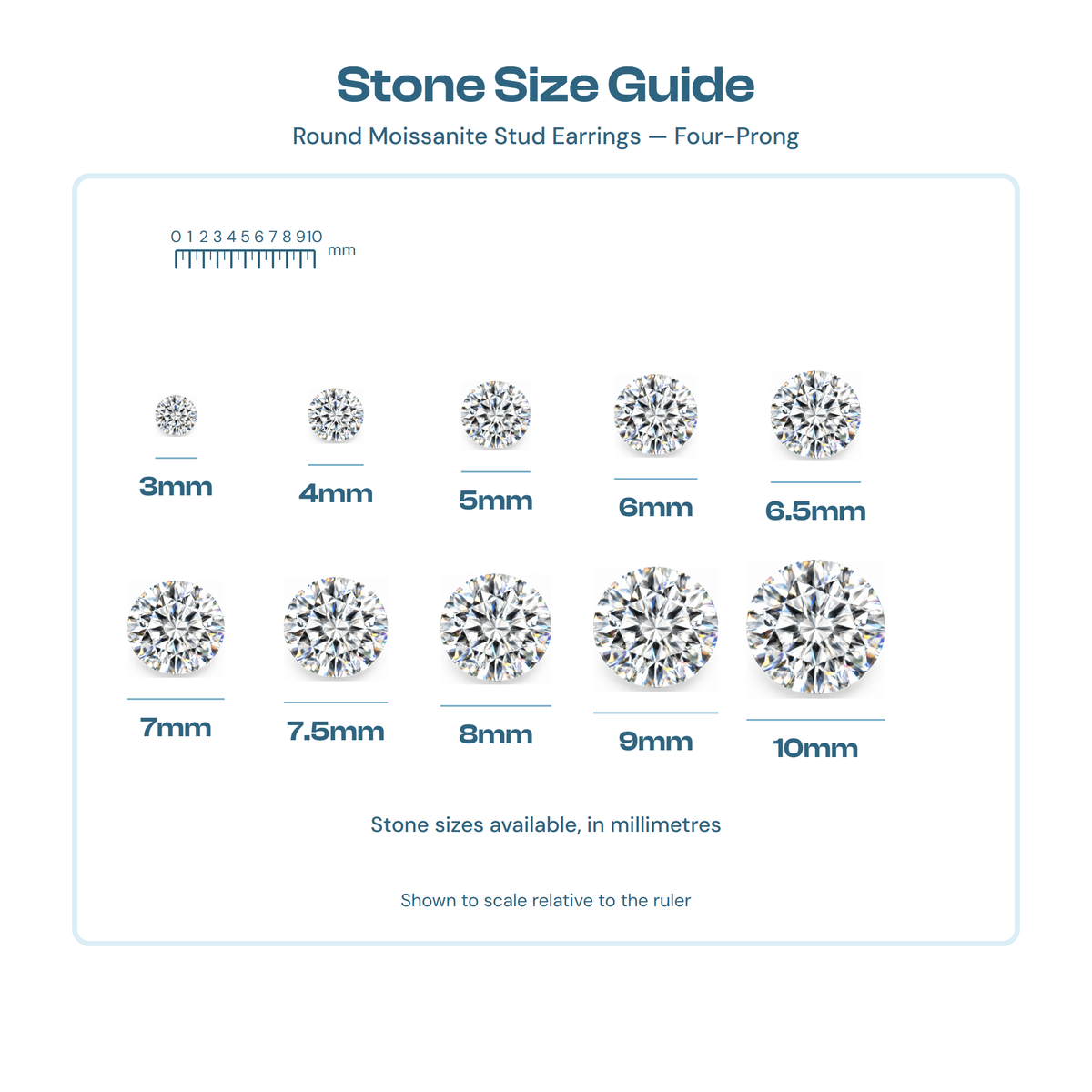 Stone size guide for round studs from 3mm to 10mm