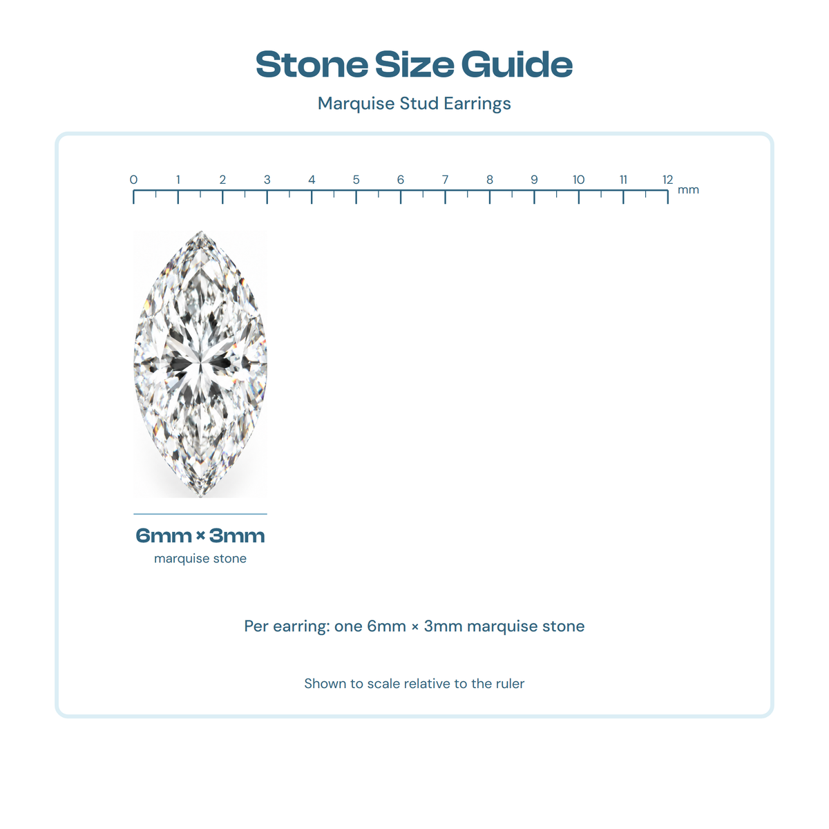 Stone size guide showing a 6mm by 3mm marquise stone