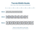 Width guide comparing 3mm, 4mm and 5mm tennis stones to scale