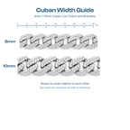 Width guide comparing 8mm and 10mm Cuban links to scale
