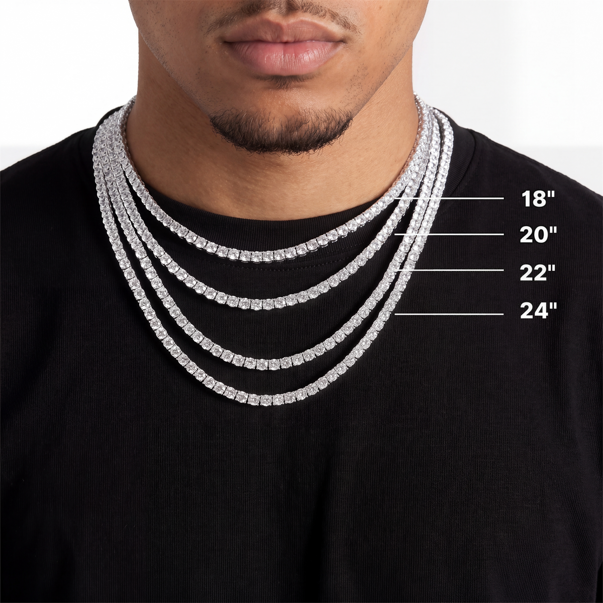 Chain length guide on a model showing 18, 20, 22 and 24 inch lengths