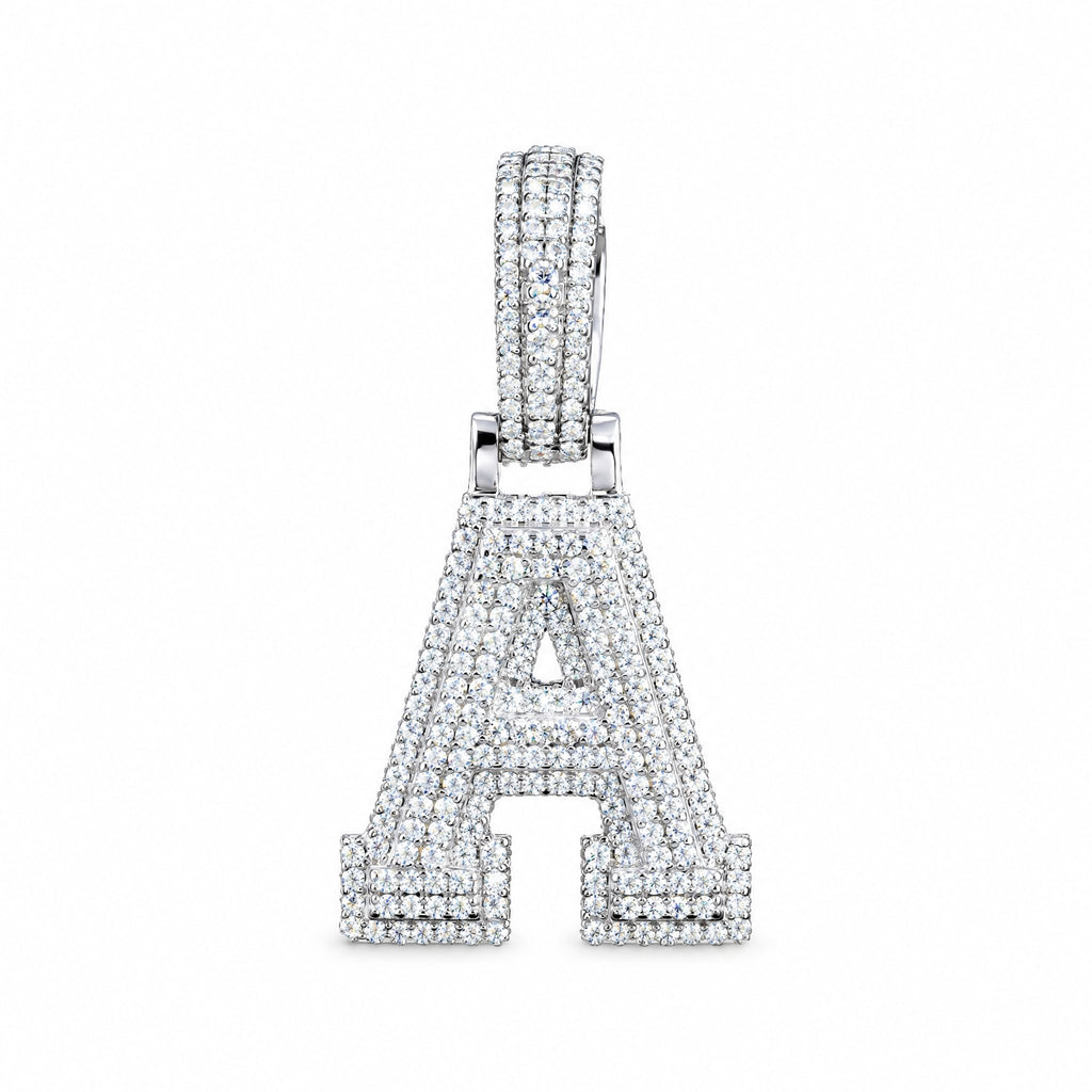 Block letter A initial pendant covered in moissanite, with a stone-set bail