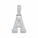 Block letter A initial pendant covered in moissanite, with a stone-set bail