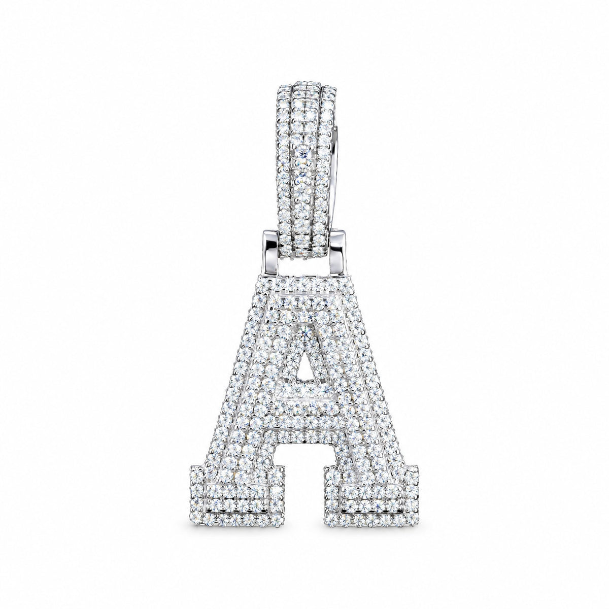 Block letter A initial pendant covered in moissanite, with a stone-set bail