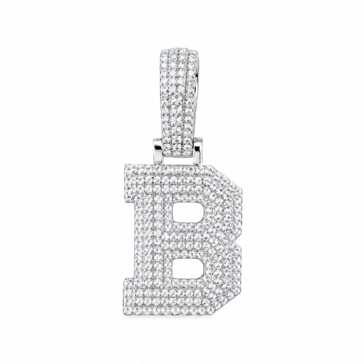 Block letter B initial pendant covered in moissanite, with a stone-set bail