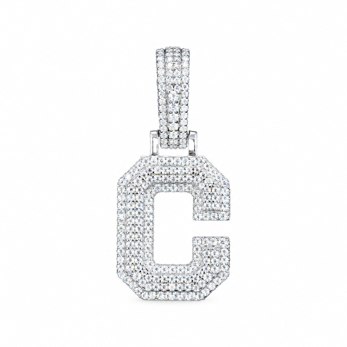 Block letter C initial pendant covered in moissanite, with a stone-set bail