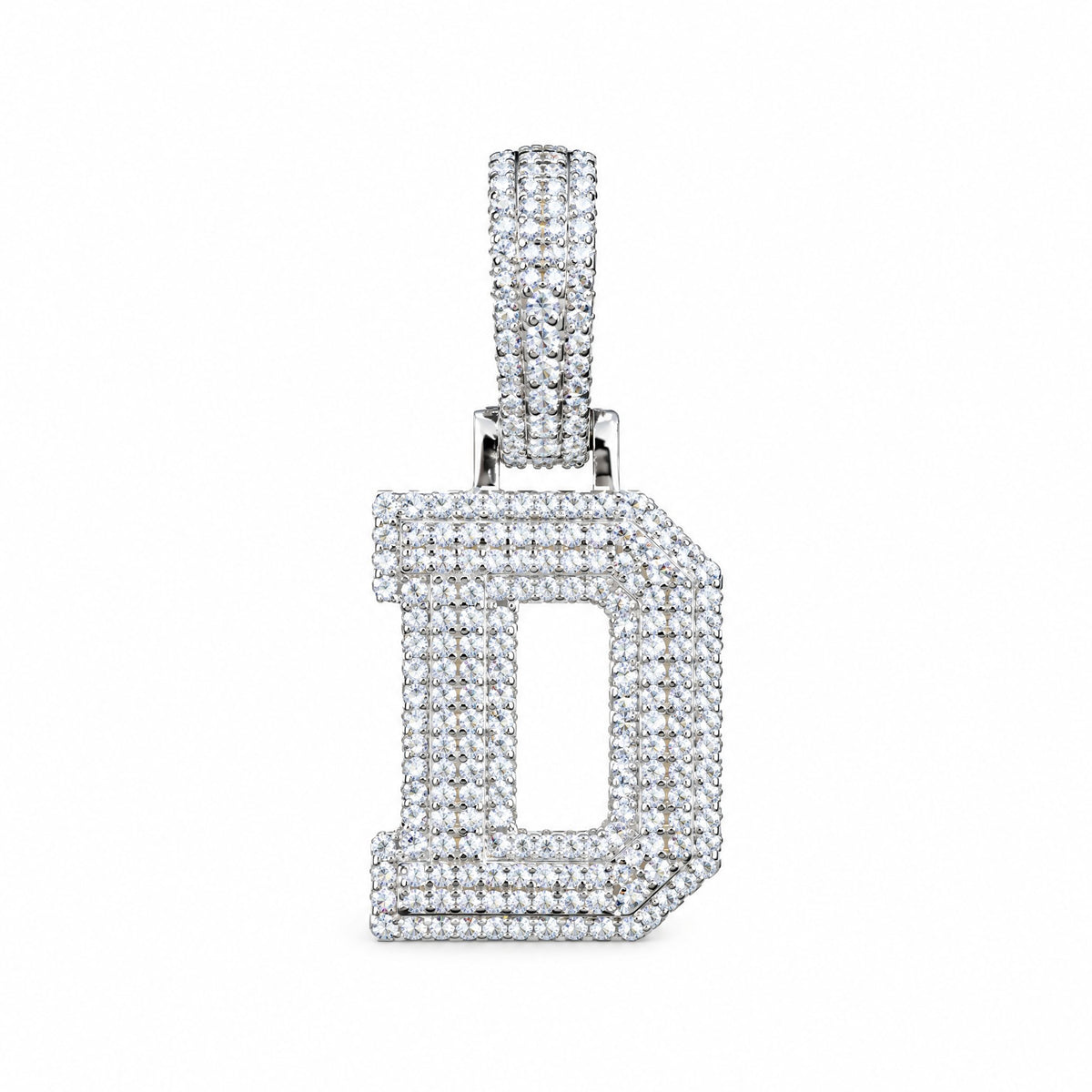 Block letter D initial pendant covered in moissanite, with a stone-set bail