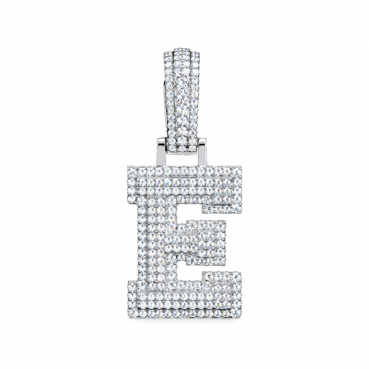 Block letter E initial pendant covered in moissanite, with a stone-set bail