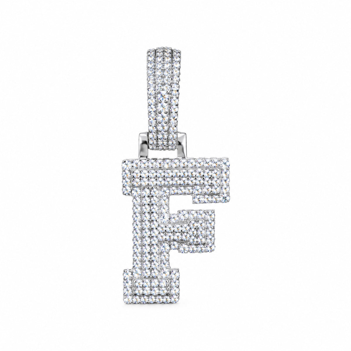 Block letter F initial pendant covered in moissanite, with a stone-set bail